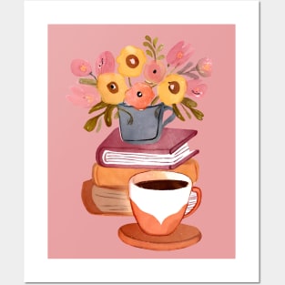 Cute Watercolor Books Flowers and Coffee Cup Posters and Art